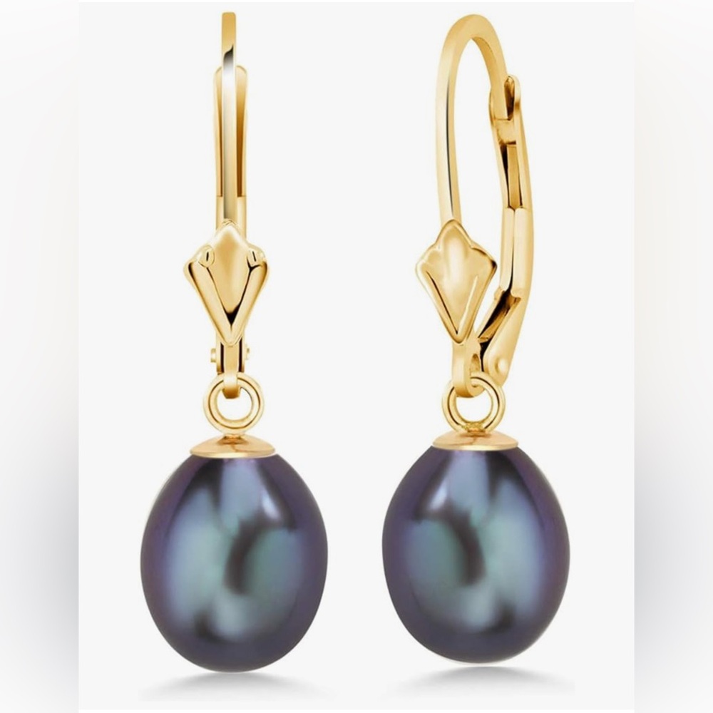 Solid 14K Yellow Gold 9MM Tahitian Teardrop Pearl Dangle Earrings Drop Style